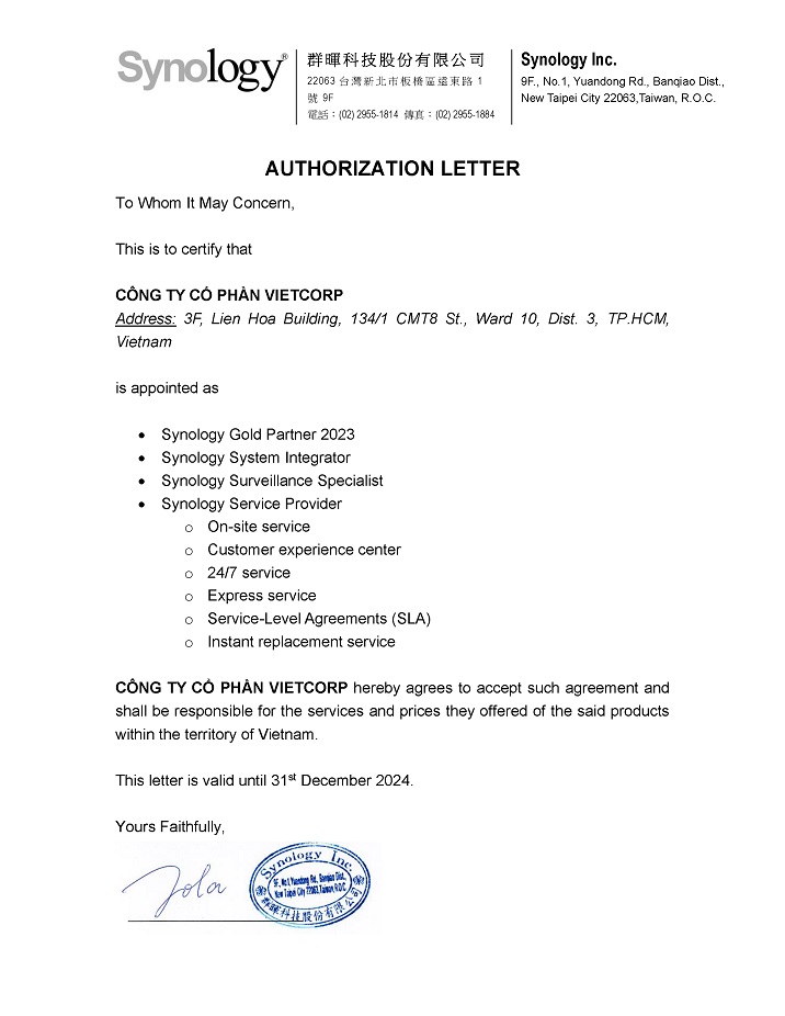 Vietcorp Synology Authorisation Letter 2024 2